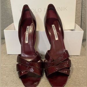 Manolo Blahnik burgundy Patent Leather cross Cross Strap High Heel Sandals